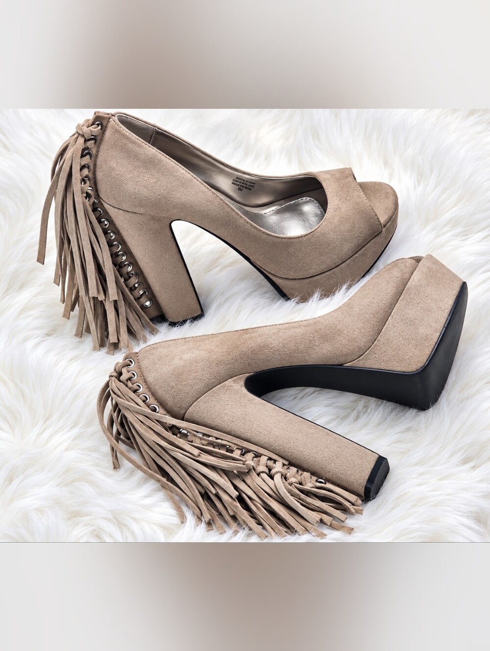 Bebe Perlah Taupe Suede Waterfall Fringe Peep Toe Platform Heels Size 7 M